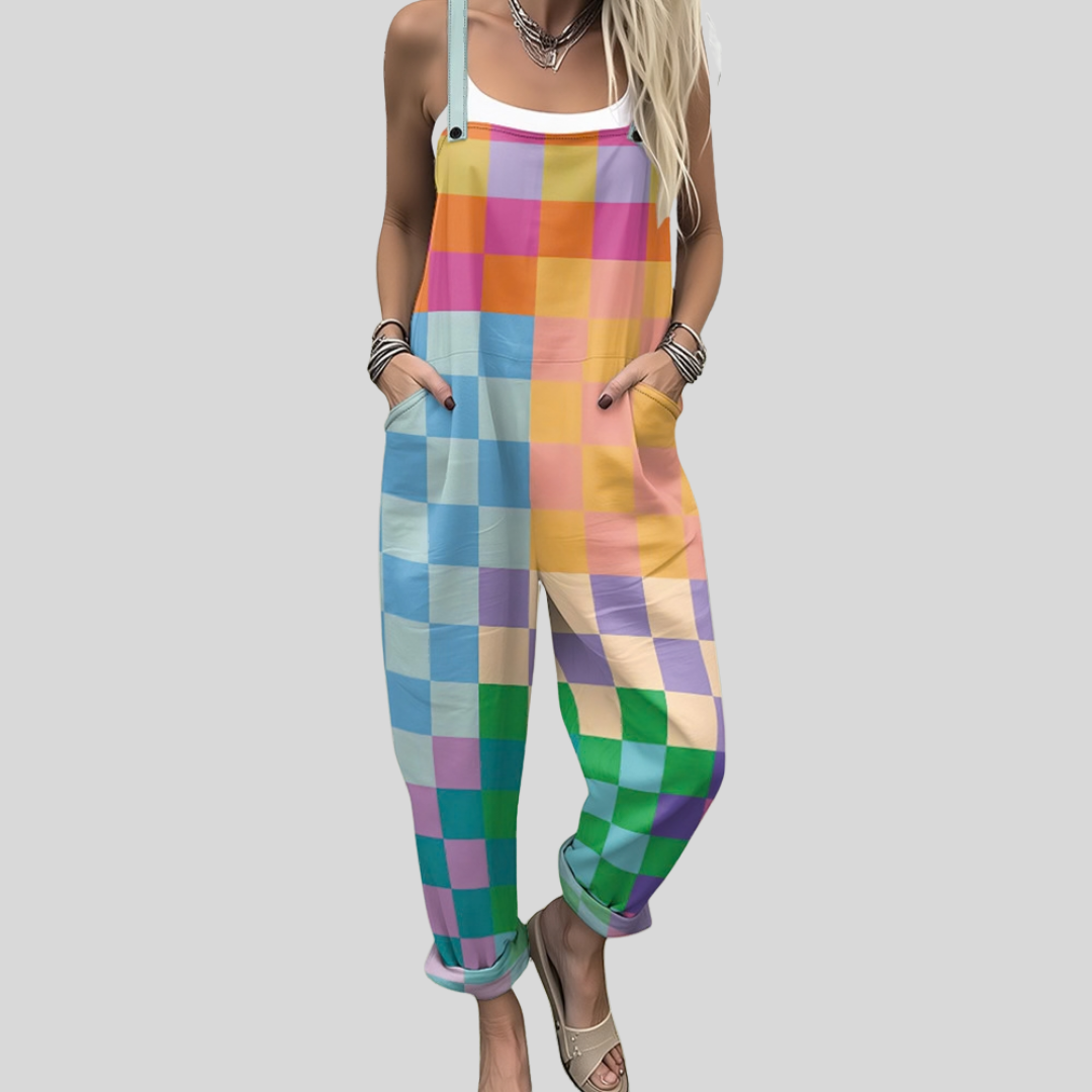 Salopetă pastel cu model în carouri