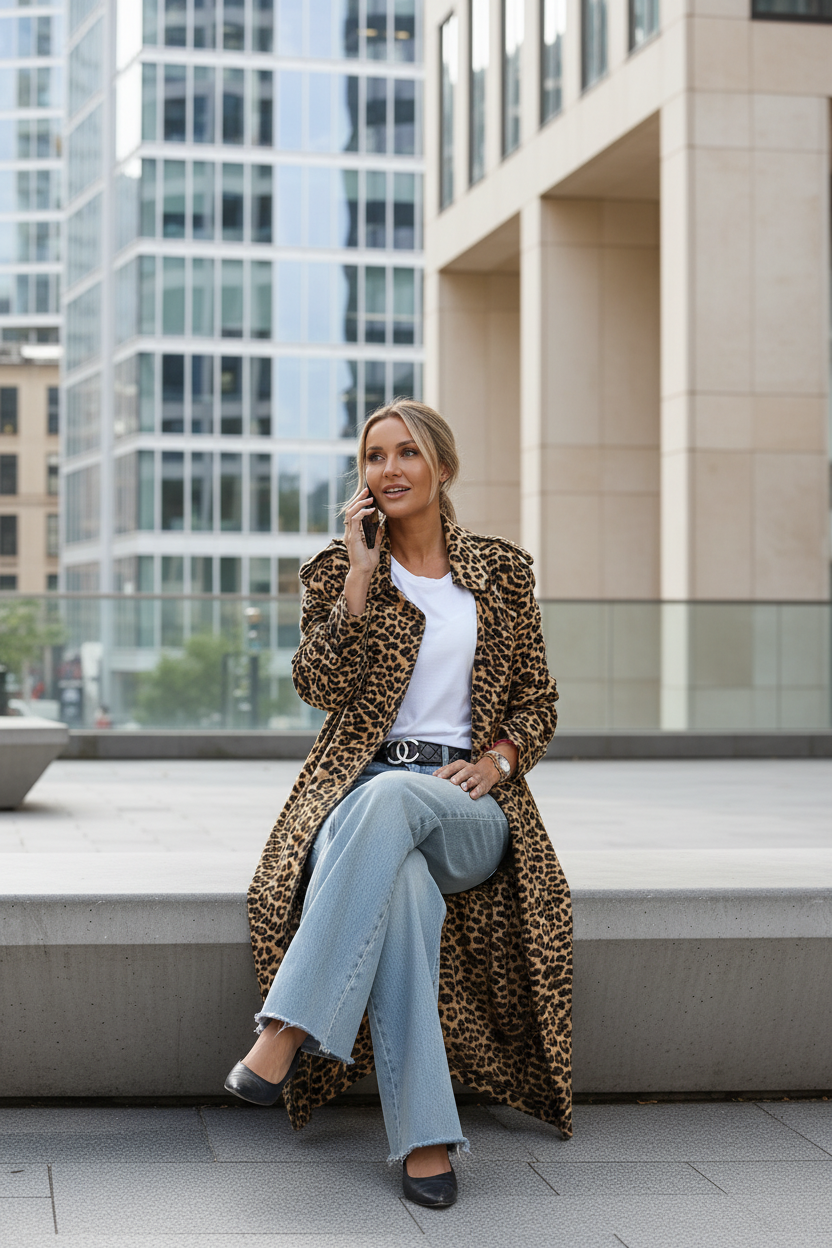 Palton Midi cu Imprimeu Leopard