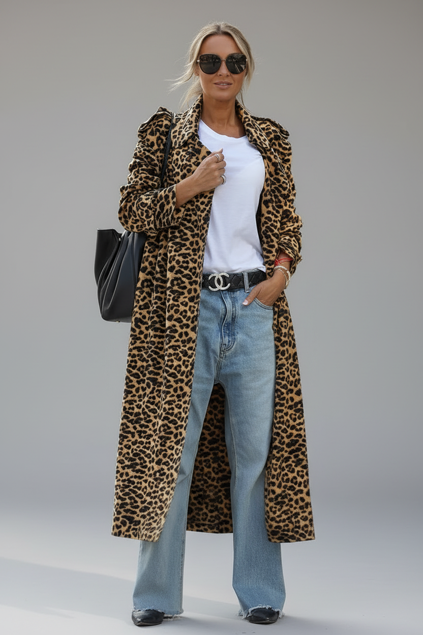 Palton Midi cu Imprimeu Leopard