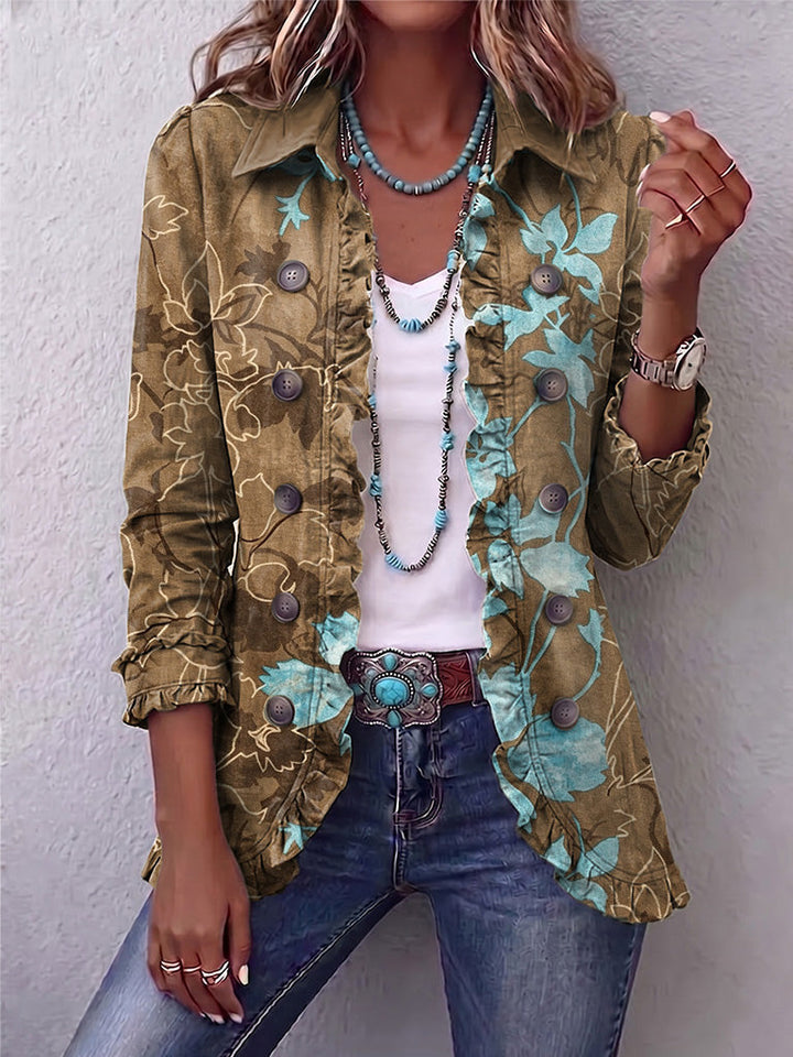 Jutta™ | Blazer în oliv cu flori turcoaz